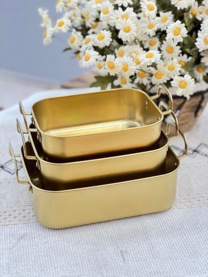 تابه  دسته دار مستطیل استیل طلایی  در سه سایز